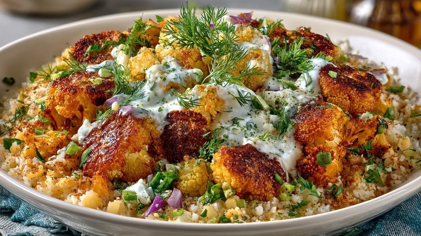 Cauliflower Biryani (Roasted Cauliflower seasoned with Cardamom and Cumin with spiced Basmati Rice and an Herbed Yogurt Sauce)