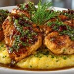Sauteed Chicken Breasts with Chipotle Green Onion Gravy, served with creamy Sharp Cheddar Cheese Polenta