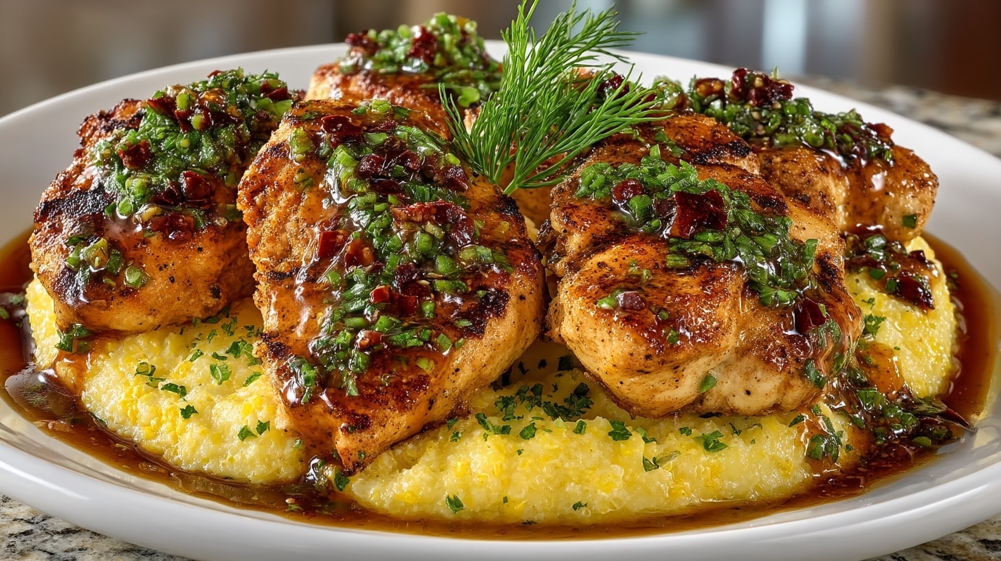 Sauteed Chicken Breasts with Chipotle Green Onion Gravy, served with creamy Sharp Cheddar Cheese Polenta