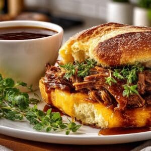 French Dip Sandwich on Brioche Bun with au Jus