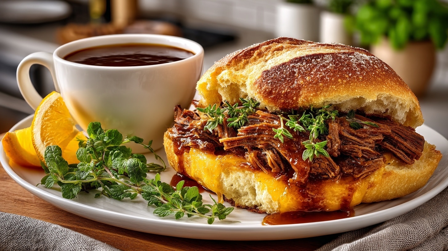 French Dip Sandwich on Brioche Bun with au Jus