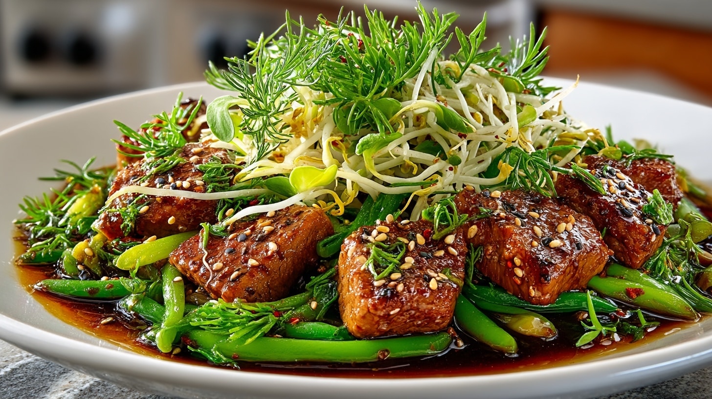 Garlic & Sesame Stir Fry Pork with crispy fresh Bean Sprouts