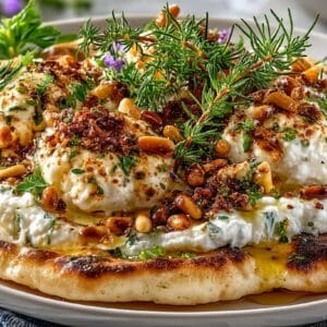 Greek Pita Bread with whipped Feta Dip with Olive Oil and toasted Pine Nuts