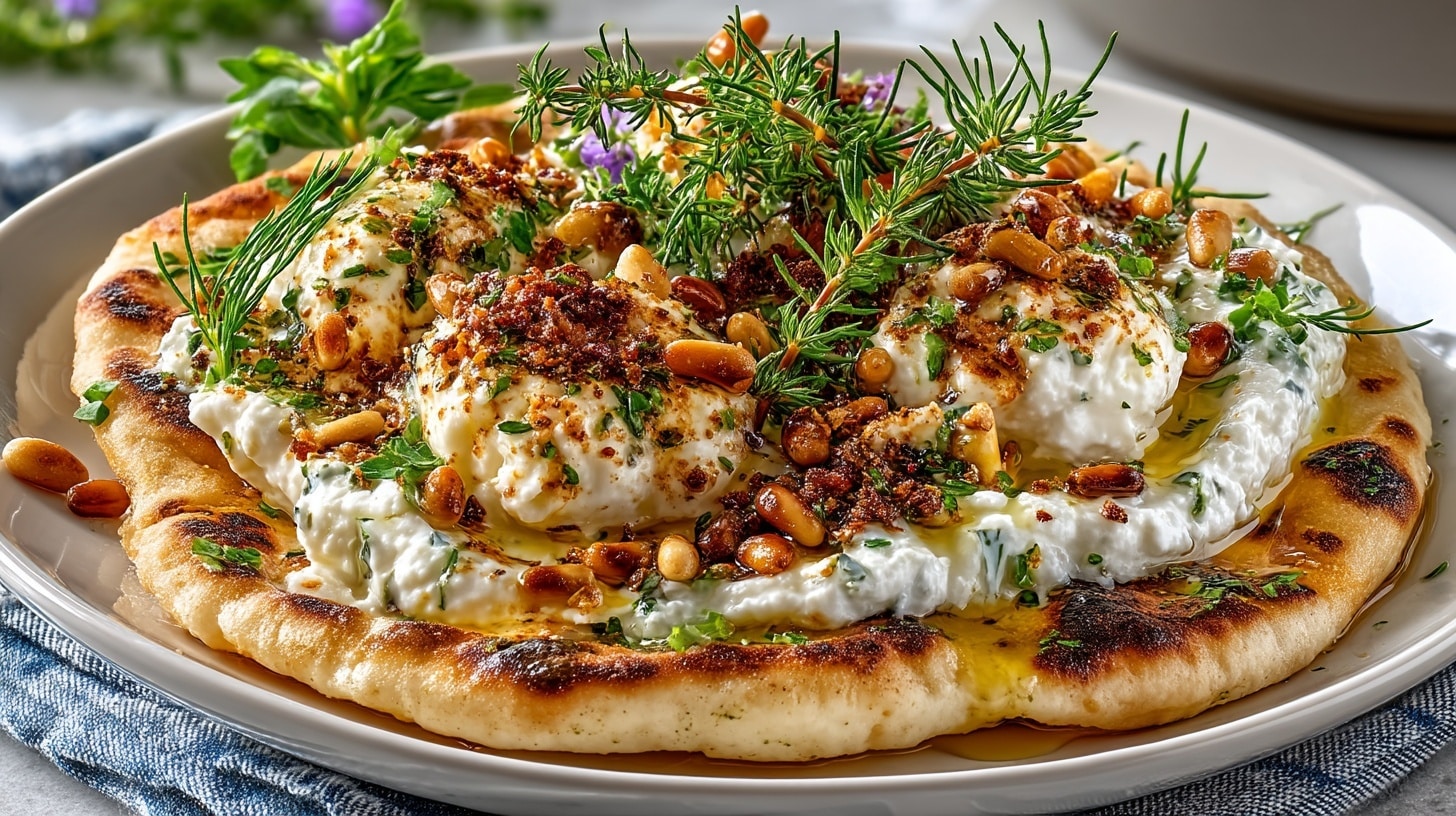 Greek Pita Bread with whipped Feta Dip with Olive Oil and toasted Pine Nuts