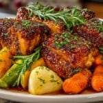 Cast Iron Honey-Sriracha glazed Chicken with roasted Root Vegetables