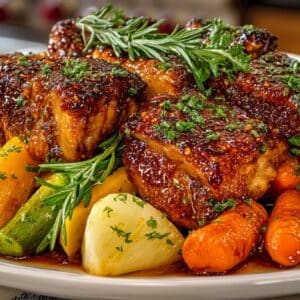 Cast Iron Honey-Sriracha glazed Chicken with roasted Root Vegetables