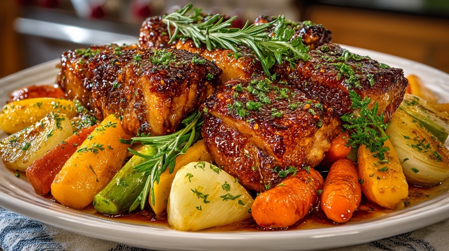 Cast Iron Honey-Sriracha glazed Chicken with roasted Root Vegetables