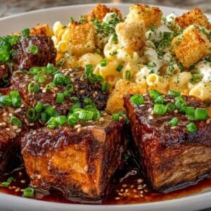 Korean Style Short Ribs; creamy Three Cheese Mac & Cheese with toasted Bread Crumbs