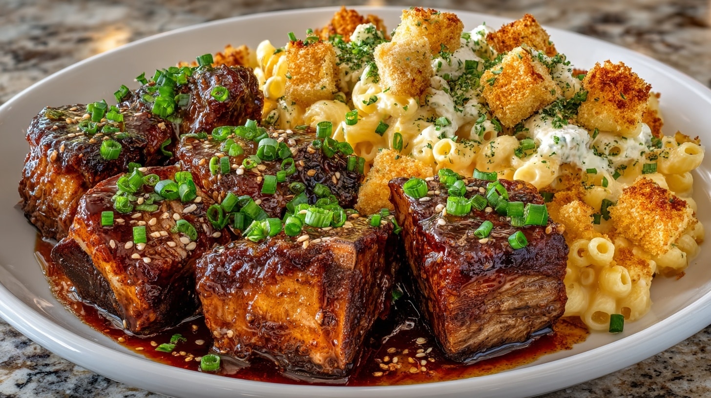Korean Style Short Ribs; creamy Three Cheese Mac & Cheese with toasted Bread Crumbs