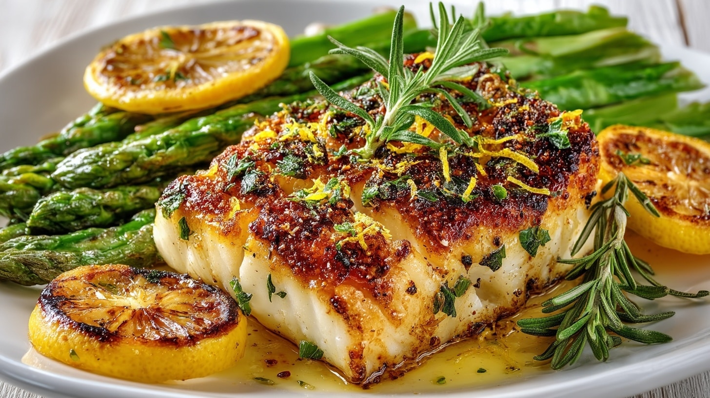 Lemon & Rosemary Grilled Cod with grill cooked fresh Asparagus