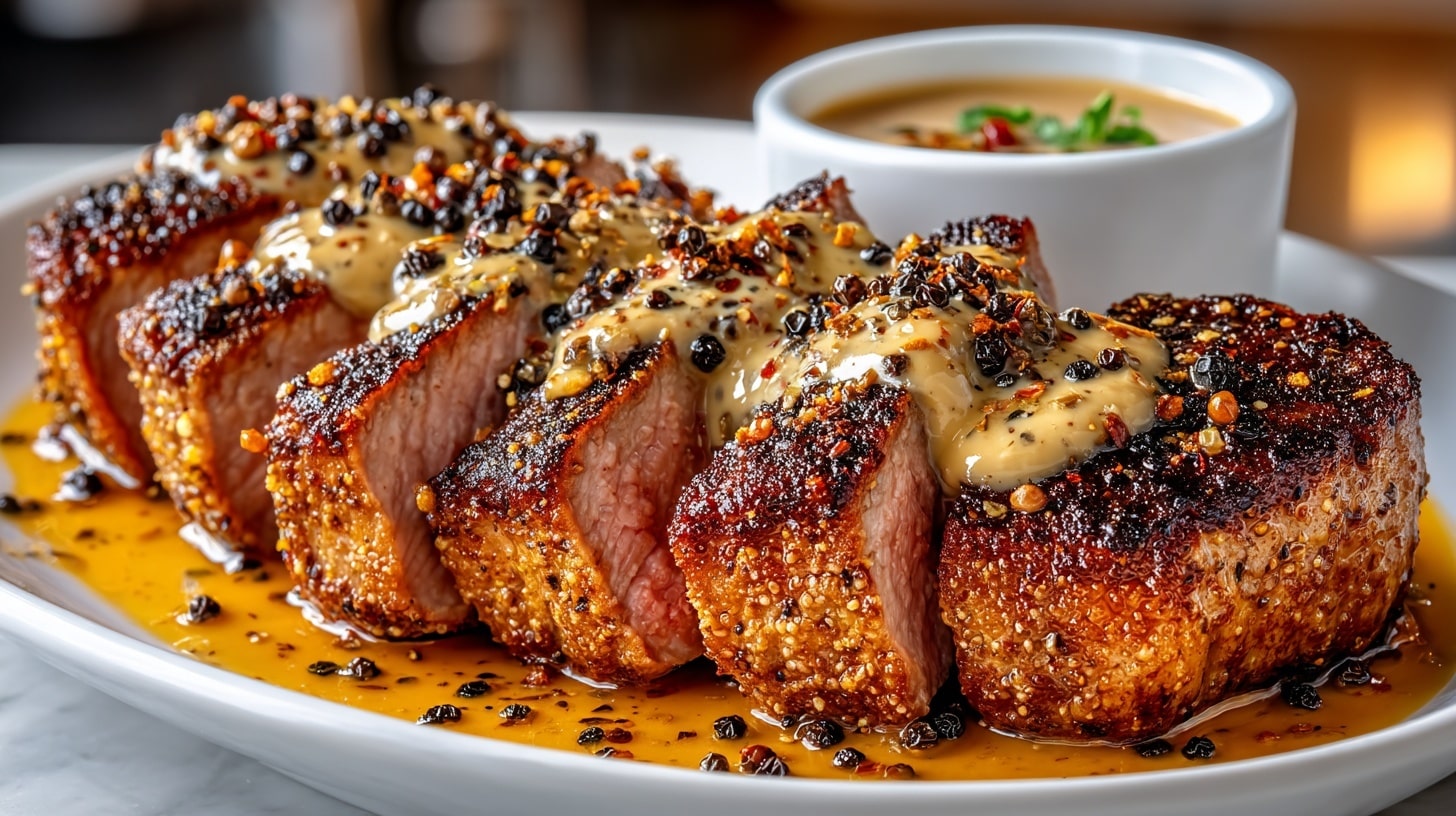 New York Steak with classic Peppercorn Sauce