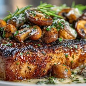 Salt & Pepper cast iron cooked New York Steak with Butter Sautéed Mushrooms