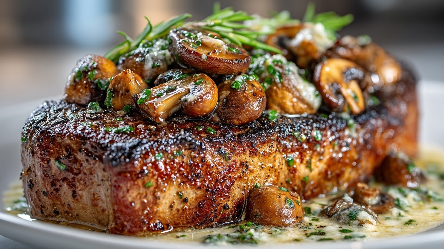 Salt & Pepper cast iron cooked New York Steak with Butter Sautéed Mushrooms