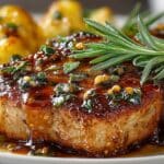 Apple & Sage Brown Butter Pork Chops served with crispy, Buttery Garlic Potatoes