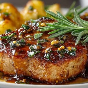 Apple & Sage Brown Butter Pork Chops served with crispy, Buttery Garlic Potatoes