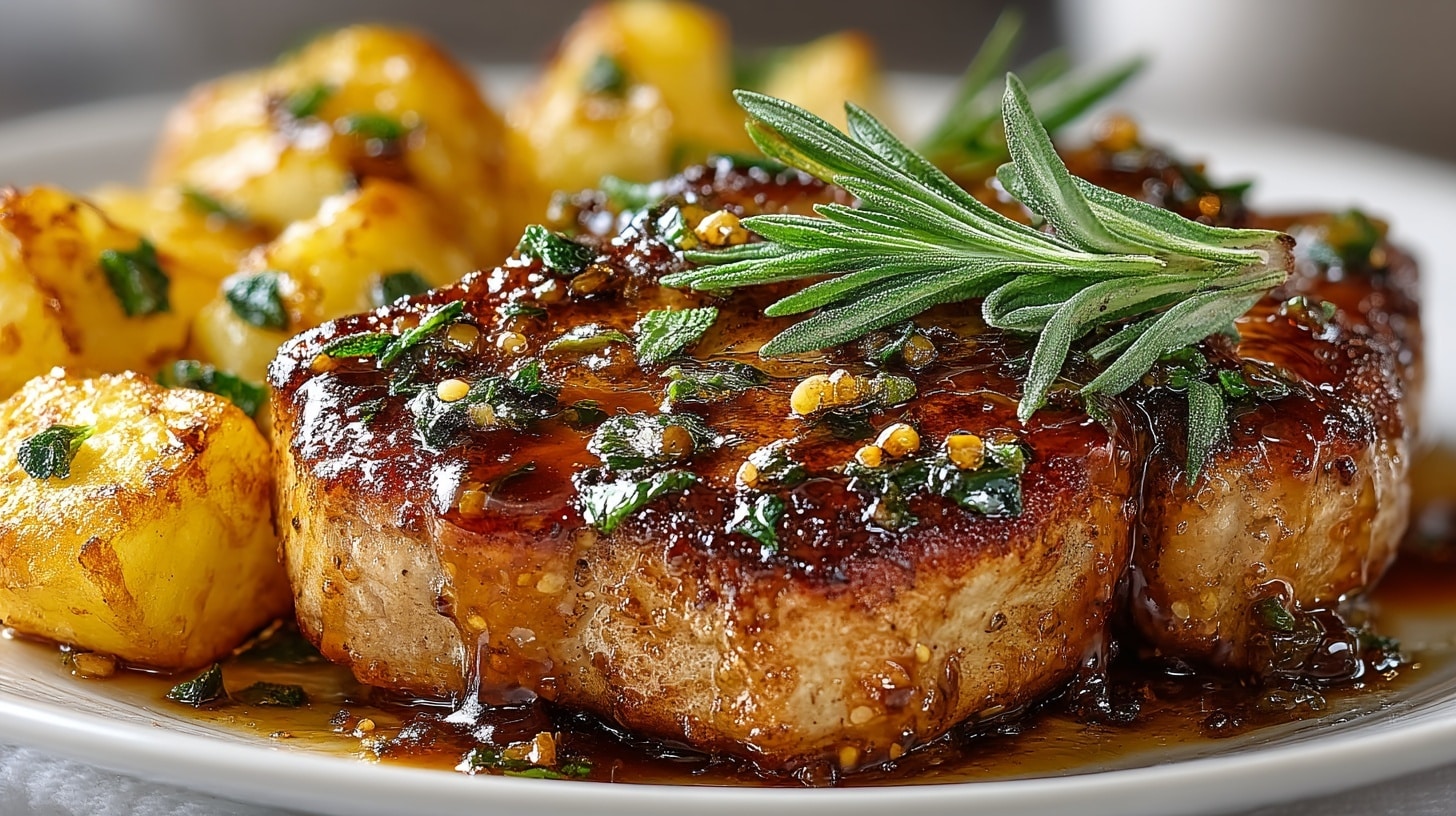 Apple & Sage Brown Butter Pork Chops served with crispy, Buttery Garlic Potatoes
