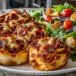 Puffy Pepperoni Pizza Spirals & crisp Italian Salad & homemade Croutons