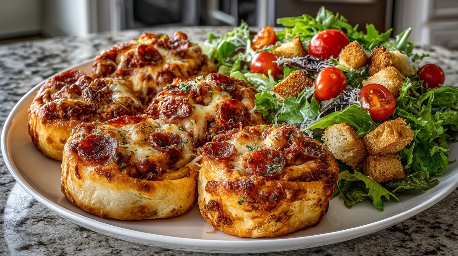 Puffy Pepperoni Pizza Spirals & crisp Italian Salad & homemade Croutons