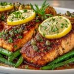 Salmon Piccata (Salmon with Lemon and Capers); Roasted Green Beans with Onions and Balsamic
