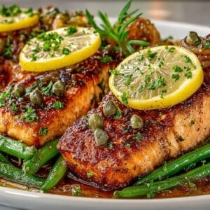 Salmon Piccata (Salmon with Lemon and Capers); Roasted Green Beans with Onions and Balsamic
