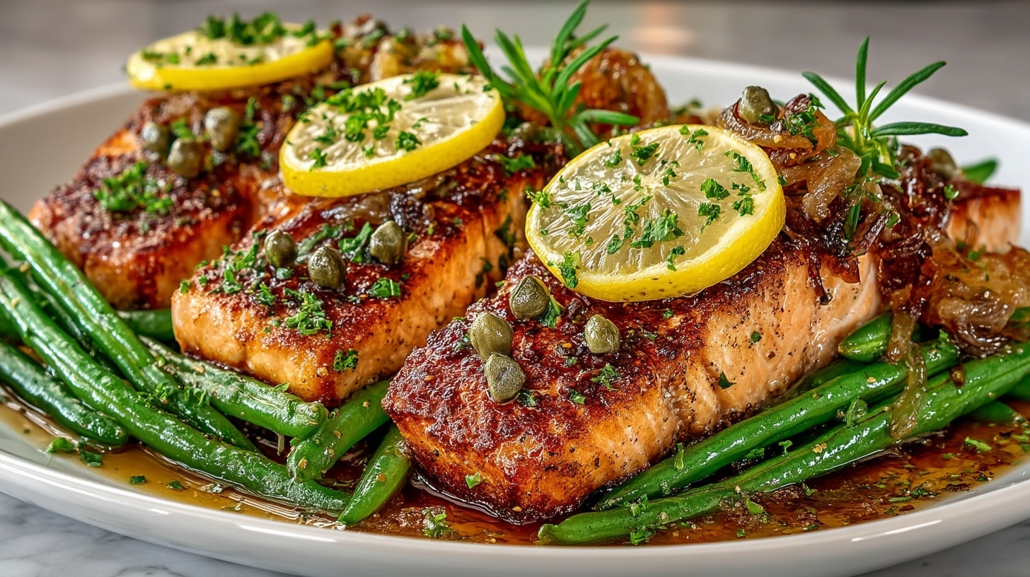 Salmon Piccata (Salmon with Lemon and Capers); Roasted Green Beans with Onions and Balsamic