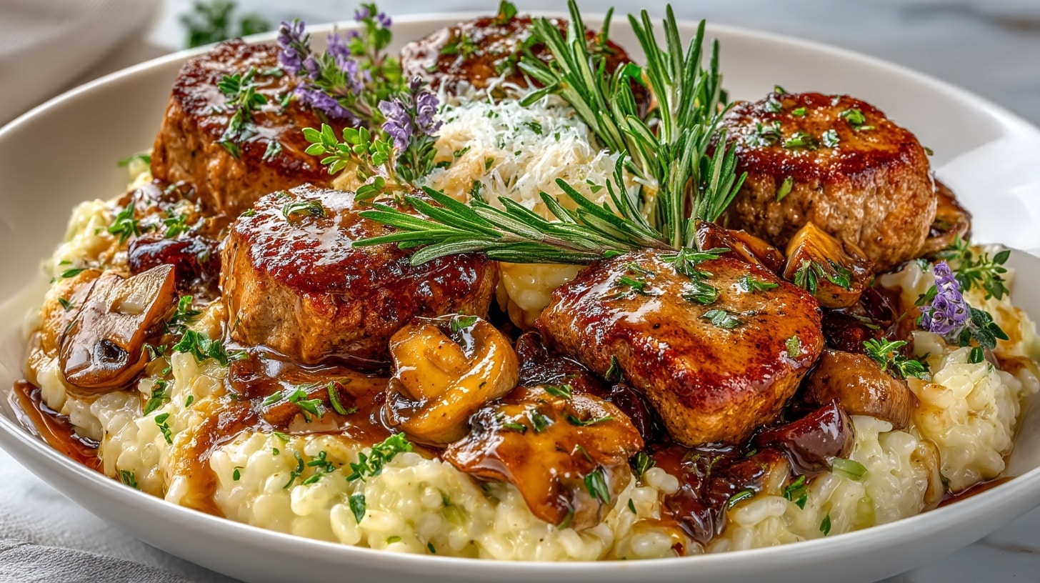 Scaloppine with Pork Medallions & Sherry Wine; Creamy Mushroom Risotto