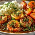 Shrimp Étouffée over Rice served with Roasted Carrots