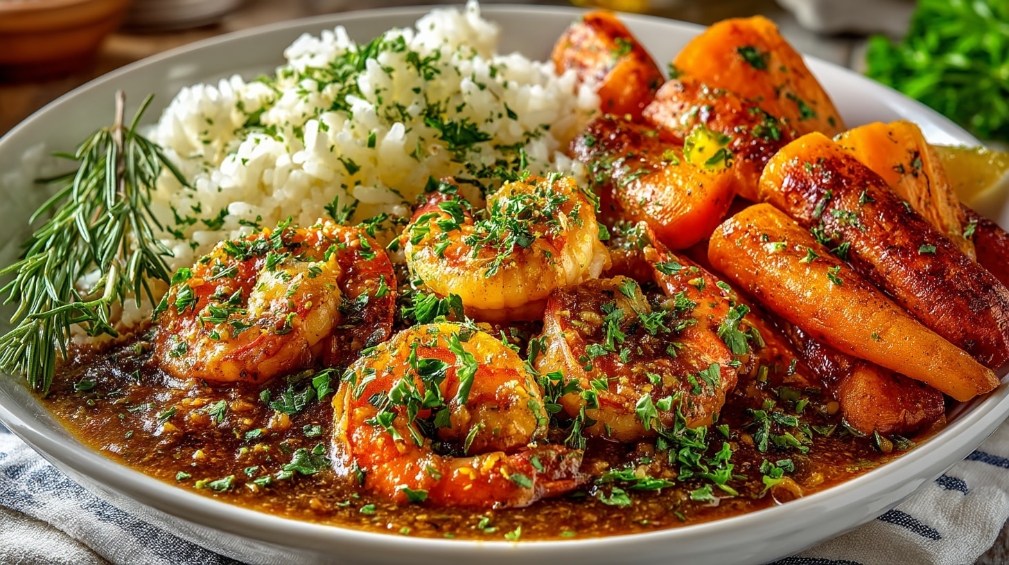 Shrimp Étouffée over Rice served with Roasted Carrots