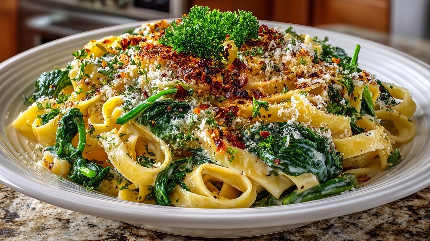 Homemade Spinach Fettuccine with Alfredo Sauce
