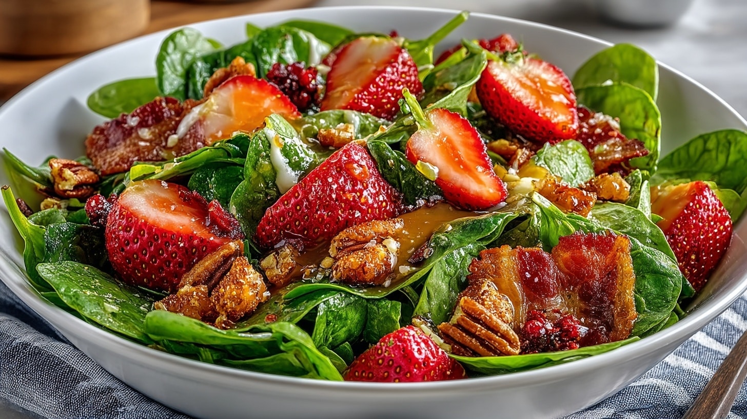 Strawberry Spinach Salad with Bacon & Candied Pecans