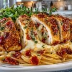 Mozzarella and Pepperoni stuffed Chicken Breast over Spaghetti Noodle