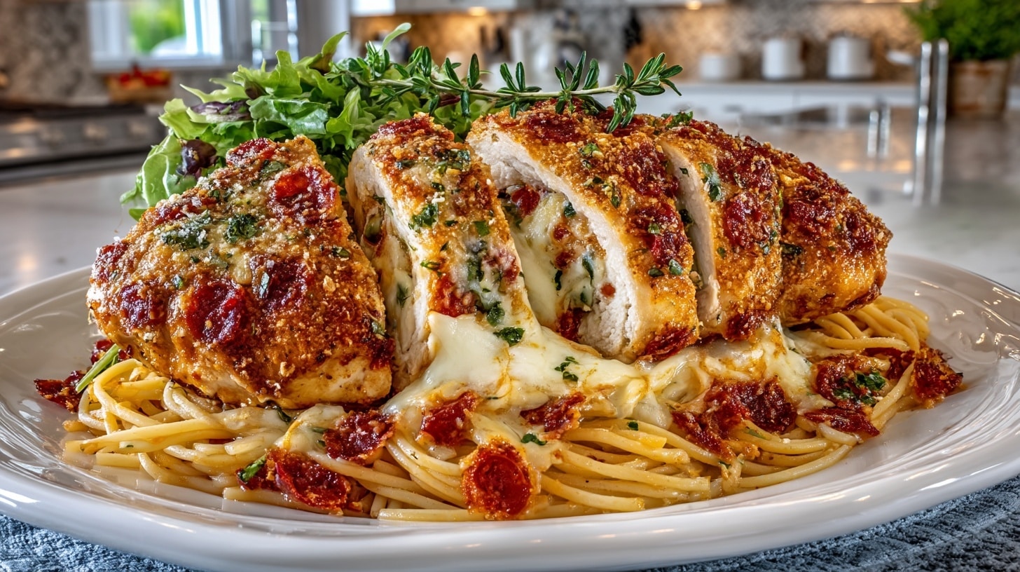 Mozzarella and Pepperoni stuffed Chicken Breast over Spaghetti Noodle