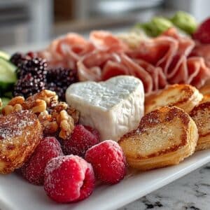Valentines Charcuterie Board - Deli Meats, Brie, assorted Goat Cheeses, toasted hearts Crostini, fresh Berries, sweet and spicy Candied Walnuts, heart shaped Cucumbers & heart shaped Raspberry Palmier Pastries