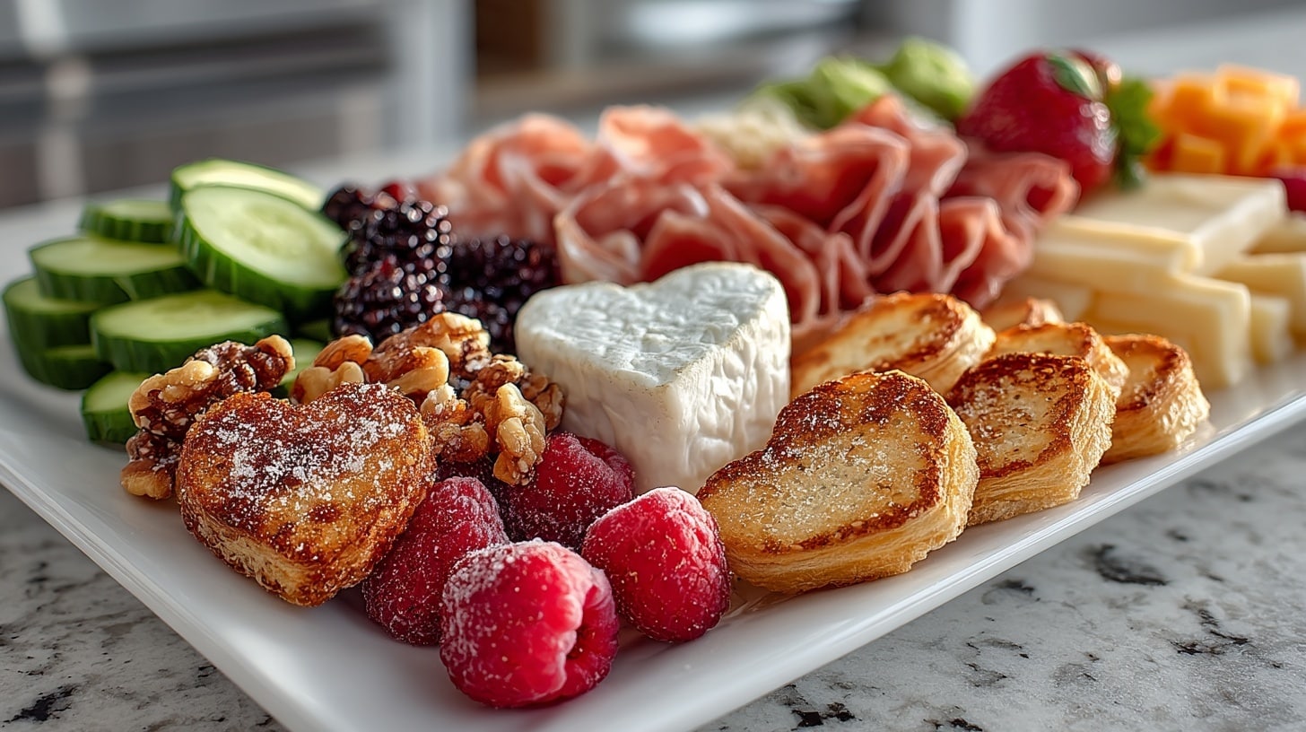 Valentines Charcuterie Board - Deli Meats, Brie, assorted Goat Cheeses, toasted hearts Crostini, fresh Berries, sweet and spicy Candied Walnuts, heart shaped Cucumbers & heart shaped Raspberry Palmier Pastries
