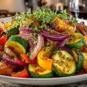 Sautéed Zucchini, Peppers, & Onion with fresh Herbs & Olive Oil, served with Merlot