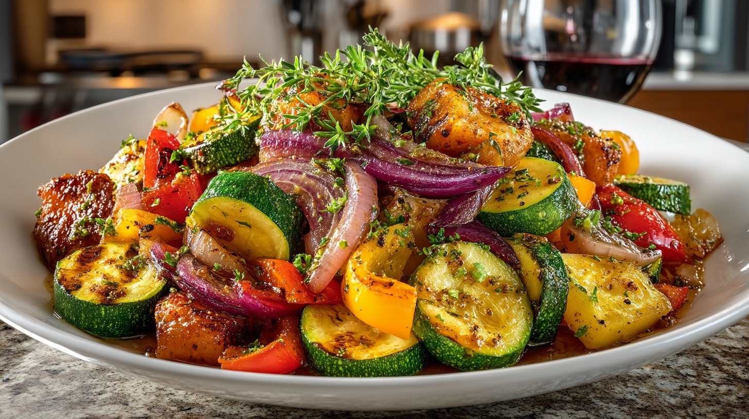 Sautéed Zucchini, Peppers, & Onion with fresh Herbs & Olive Oil, served with Merlot