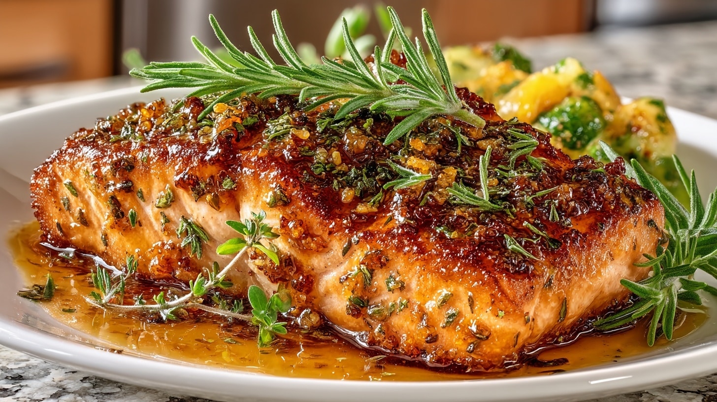 Brown Sugar glazed grilled Cedar Plank Salmon with fresh Herbs