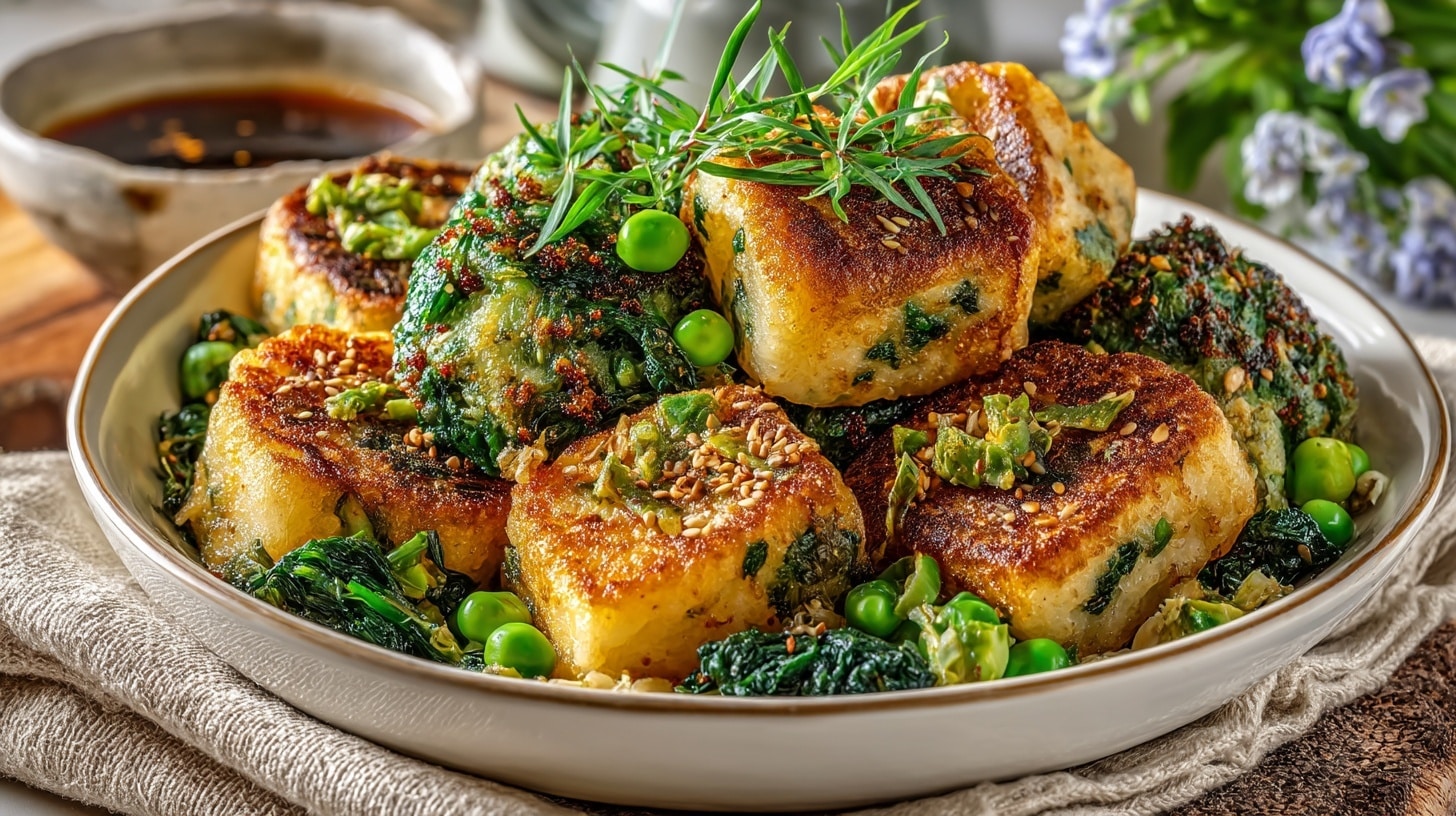 Miso Rice Cakes (Tteok) with Spinach and Peas