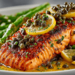 baked Salmon served with Lemon Caper Sauce and roasted Asparagus