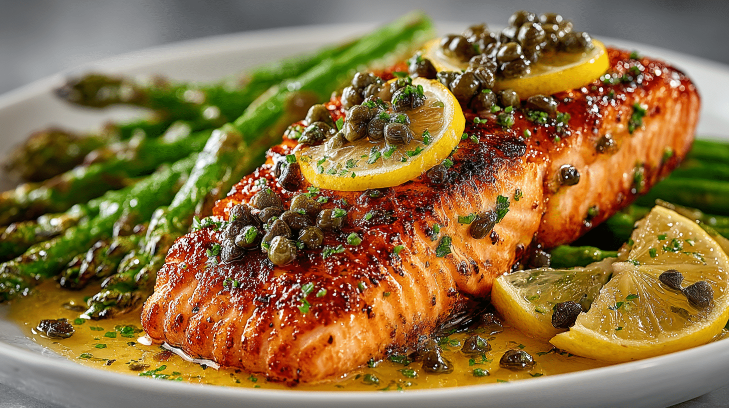 baked Salmon served with Lemon Caper Sauce and roasted Asparagus