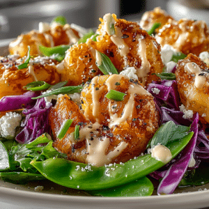 Bang Bang Shrimp Salad with Snow Peas and Honey Cider Dressing