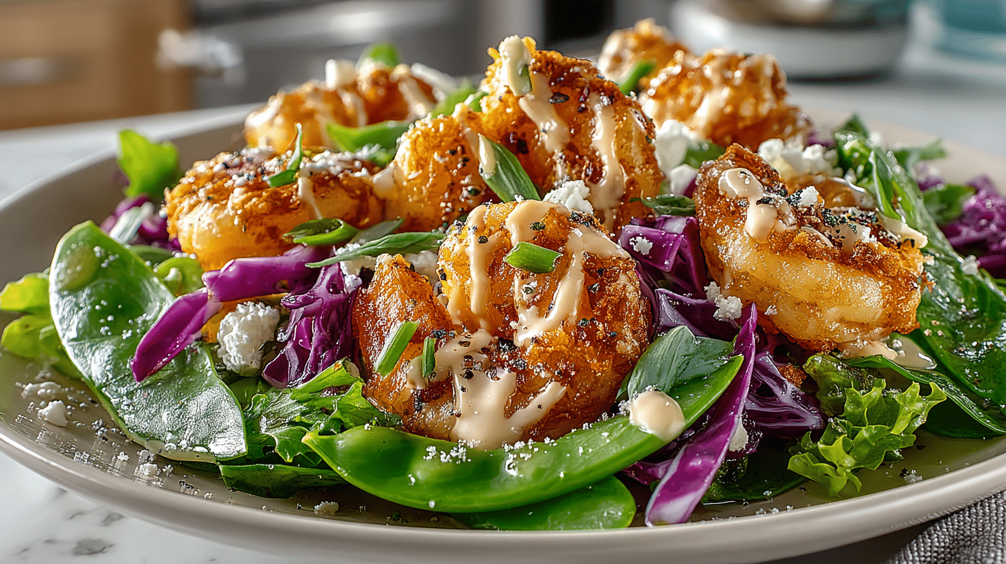 Bang Bang Shrimp Salad with Snow Peas and Honey Cider Dressing