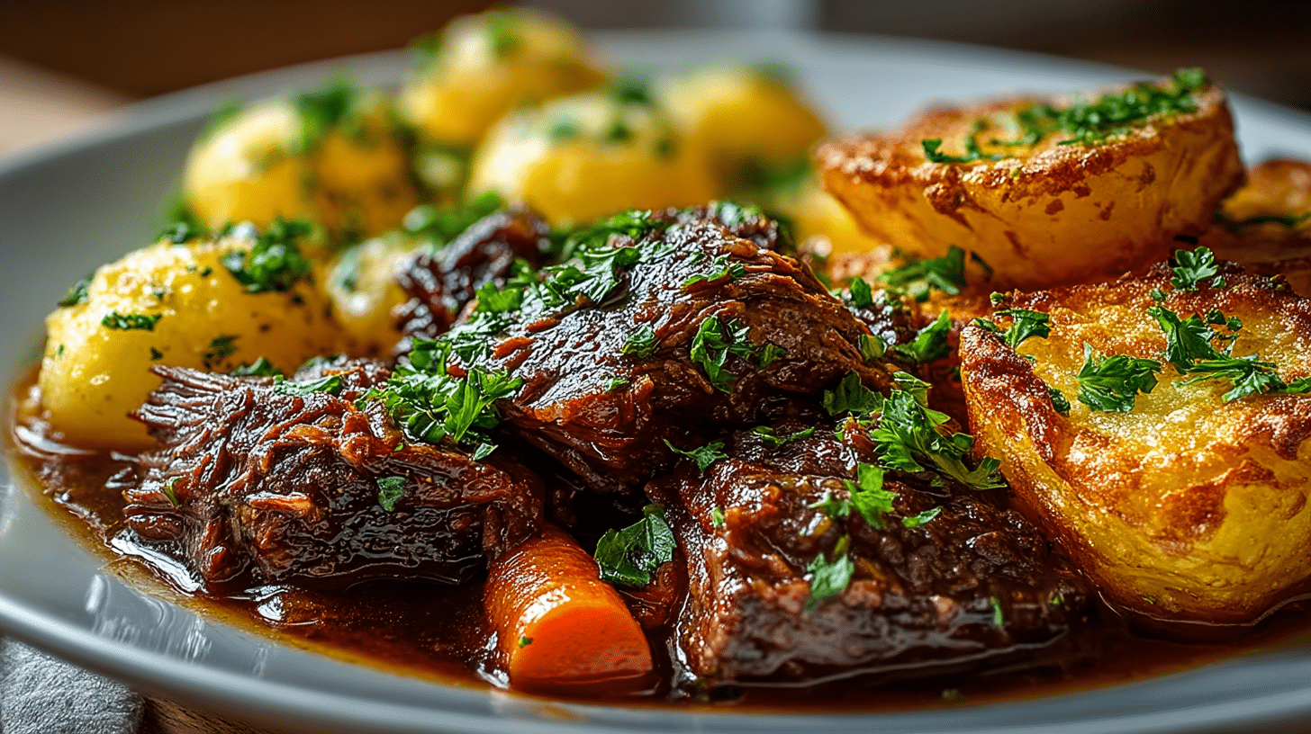 Classic Beef Bourguignon, served with Parmesan roasted Potatoes