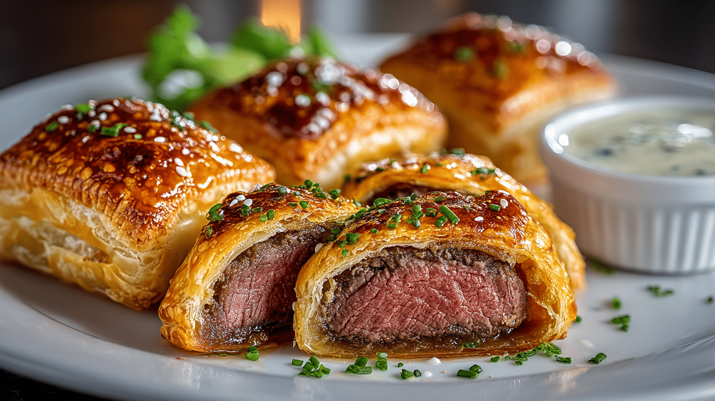 Beef Wellington bites with a creamy Horseradish dipping Sauce