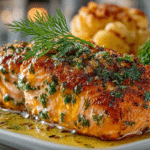 Lemon Butter Salmon with Dill; Roasted Broccoli with Garlic; Glazed Carrots, and Olive Oil Potato Gratin, served with Pinot Noir