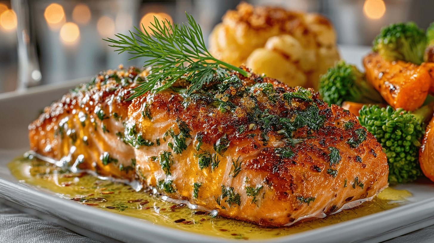 Lemon Butter Salmon with Dill; Roasted Broccoli with Garlic; Glazed Carrots, and Olive Oil Potato Gratin, served with Pinot Noir