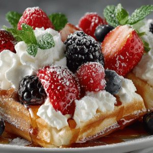 Buttermilk Waffles with Syrup, fresh Berries & sweet Yogurt Sauce
