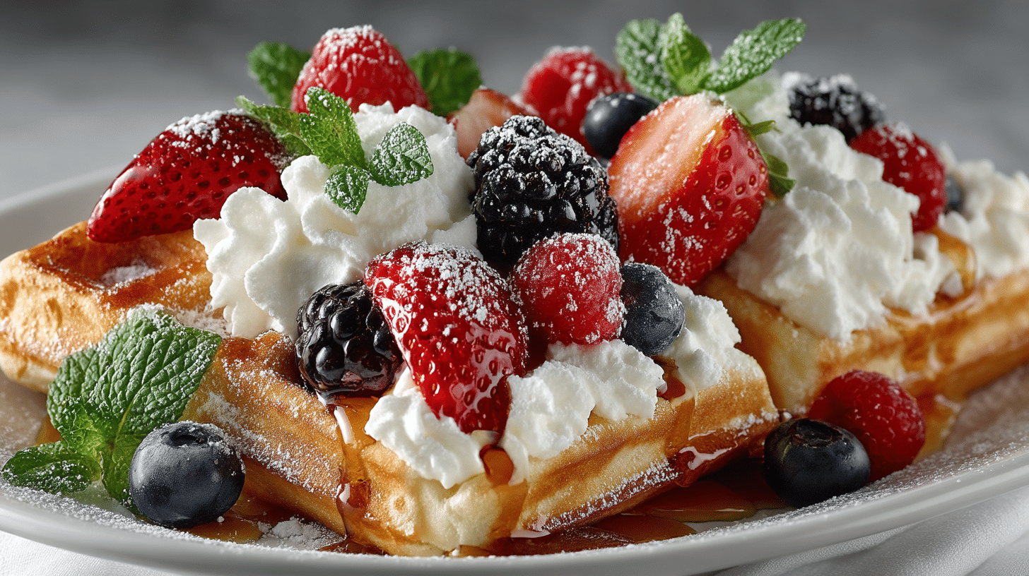 Buttermilk Waffles with Syrup, fresh Berries & sweet Yogurt Sauce
