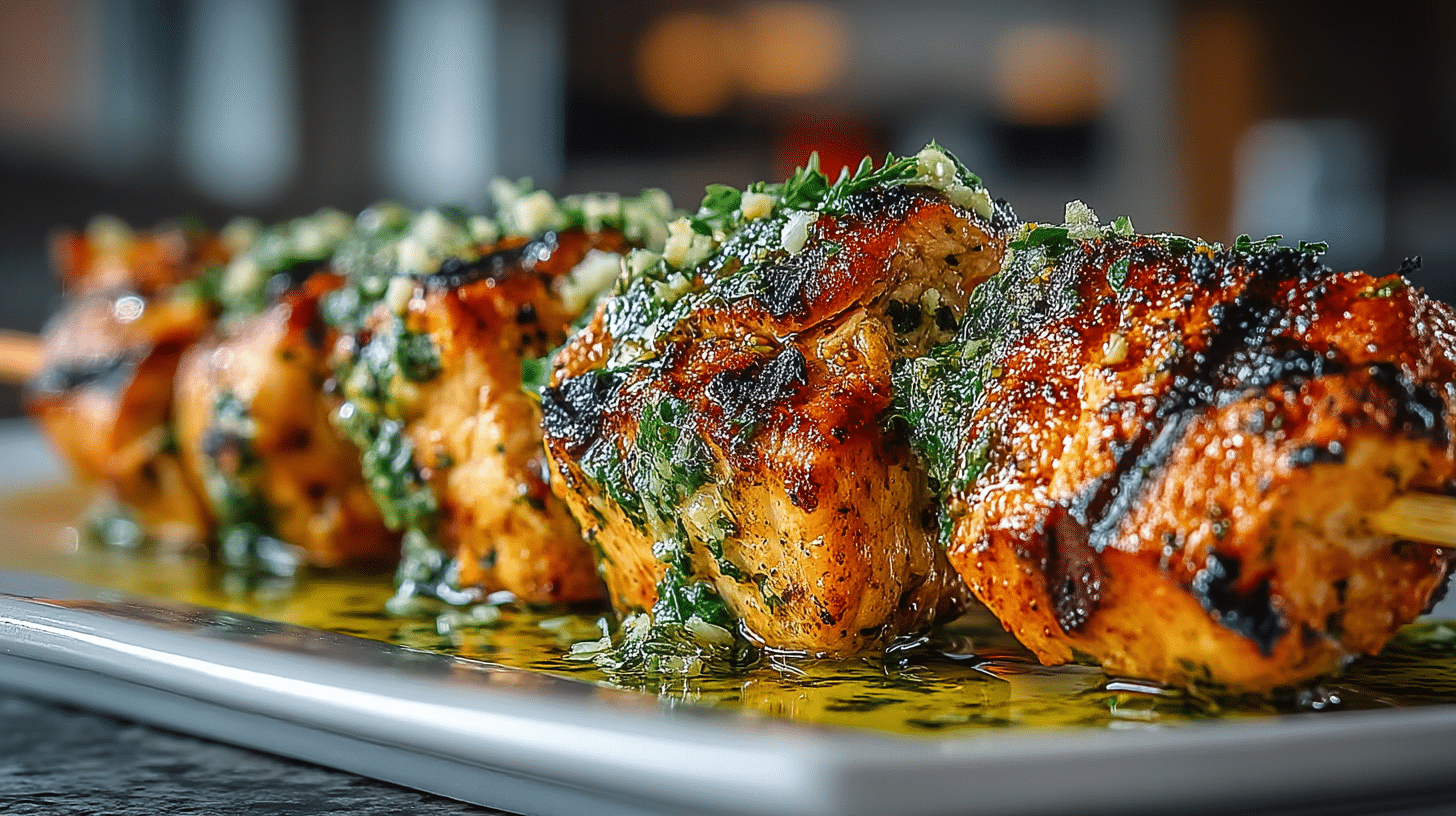 char-cooked Mediterranean-style Chicken Brochettes with Charmoula Sauce (Garlic, Cumin, fresh Herbs, Lemon, & Olive Oil)