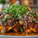 Chicken Mole (Chicken Thighs braised in a silky Sauce made from Tahini, layered with warm Spice, smoky Chile, and Cocoa)